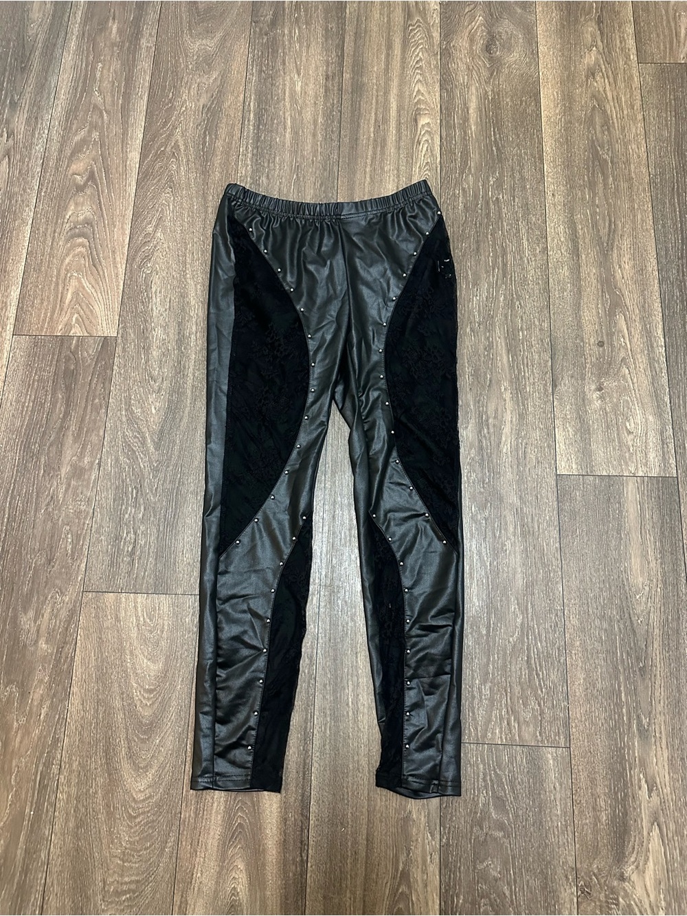 Women's Black Faux Leather Panel Leggings with Stud Detail